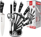 Kitchen Chef Knife Sharp 9 Piece Set, Premium Stainless Steel Knife Blade & Hollow Non-Slip Handles - 360 Degree Rotating Block Stand Cooking Set